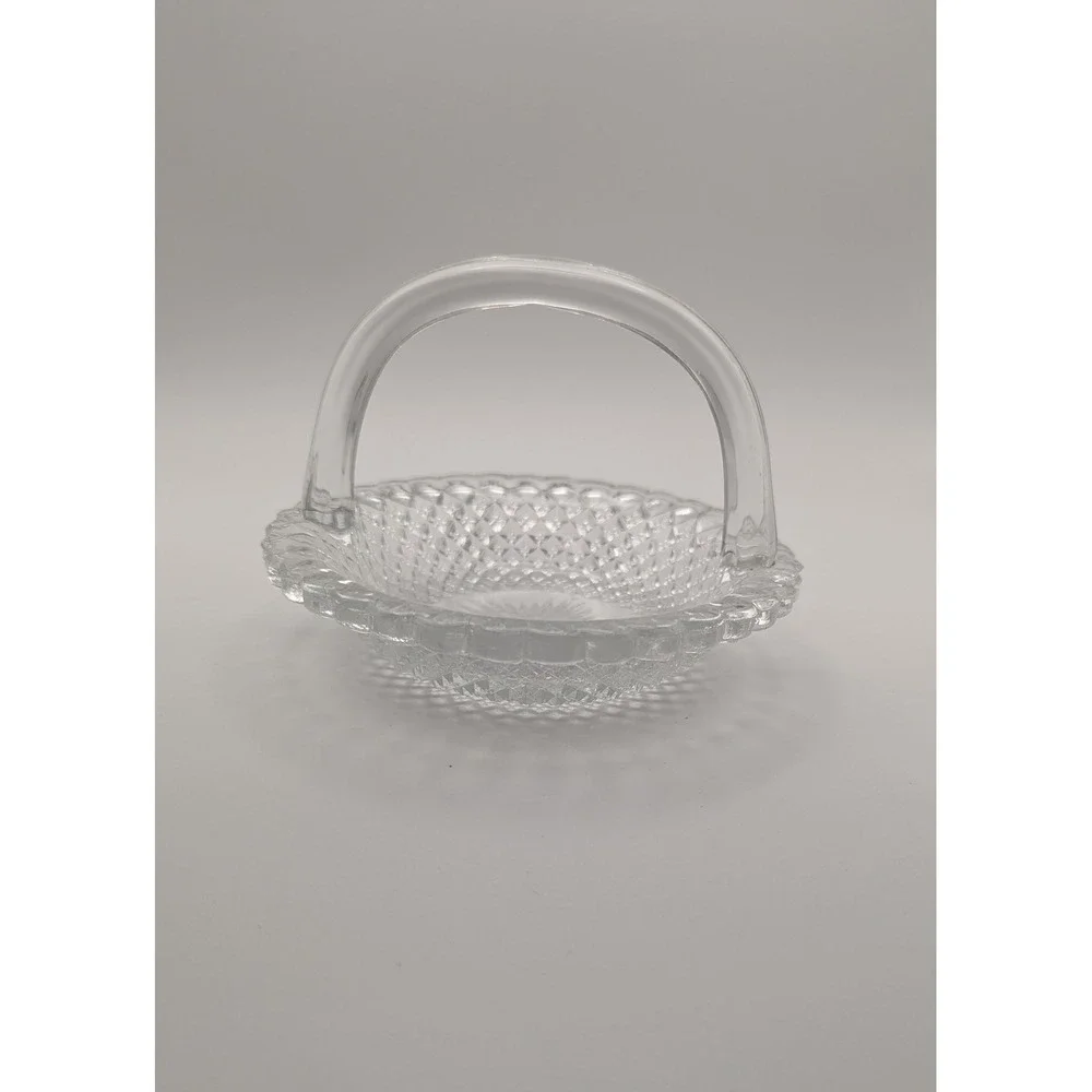 Vintage Clear Manganese Glass Basket Handled‎ Candy Dish UV Glow Starburst